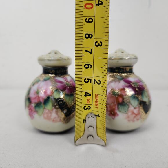 Victorian Salt & Pepper Shaker Set Moriage Floral Rose Gilt Muffineer Pink Black - Picture 2 of 11